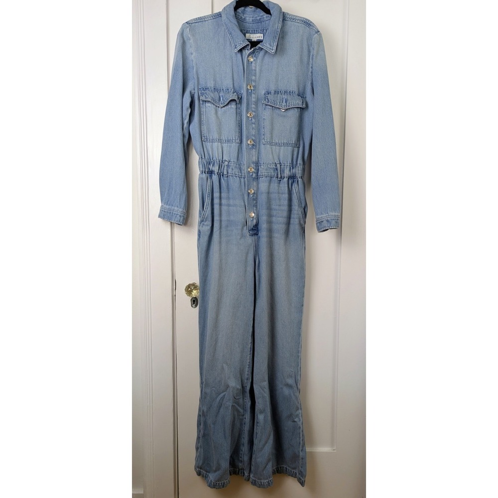 Made and Loved Loft Light Wash Denim Jumpsuit Size Medium Wide Leg Overalls Farm